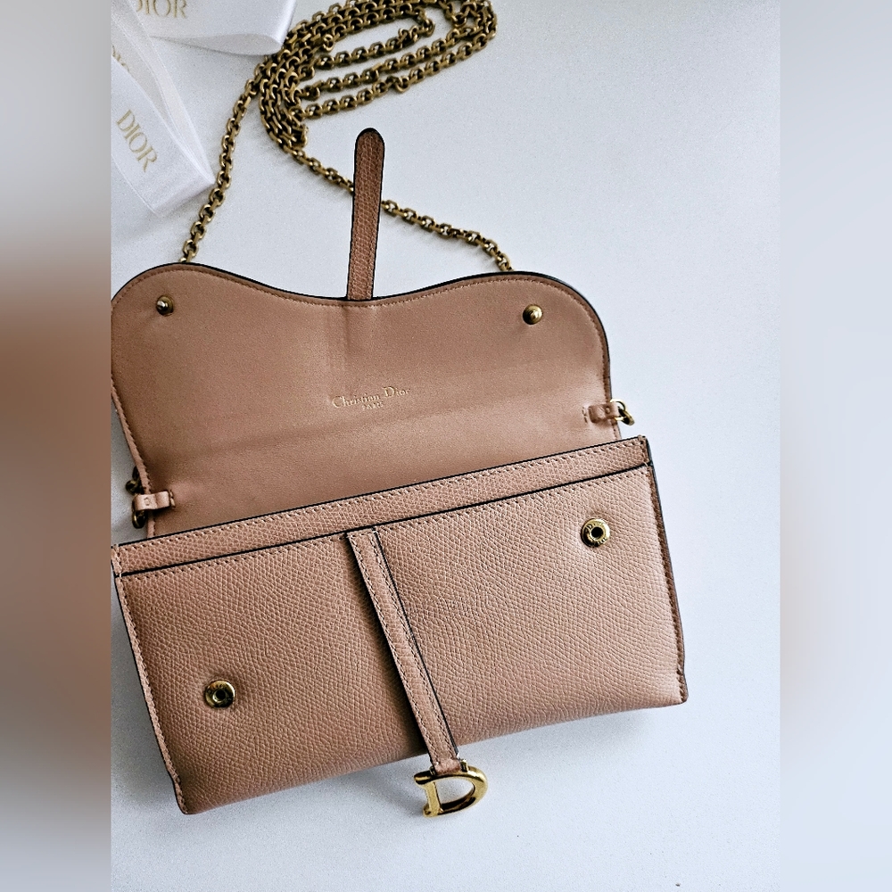AUTHENTIC Christian Dior Saddle Long - Nude Pink Wallet-on-chain Crossbody - Picture 6 of 9